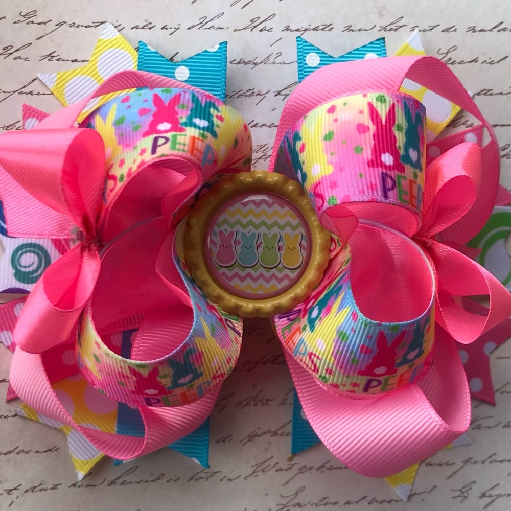 Easter Bunny Peeps Pastel Hair Bow; Large Pink Easter Hair Bow with Alligator …